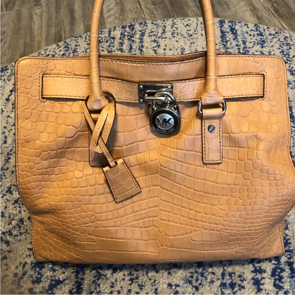 MICHAEL KORS HAMILTON NUDE CROC PRINTS LEATHER SATCHEL SHOULDER HANDBAG